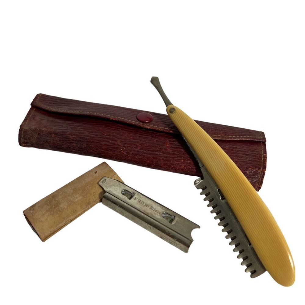 VTG DURHAM DUPLEX RAZOR CO DOMINO STRAIGHT RAZOR HAIR TRIMMER 3 BLADES & CASE